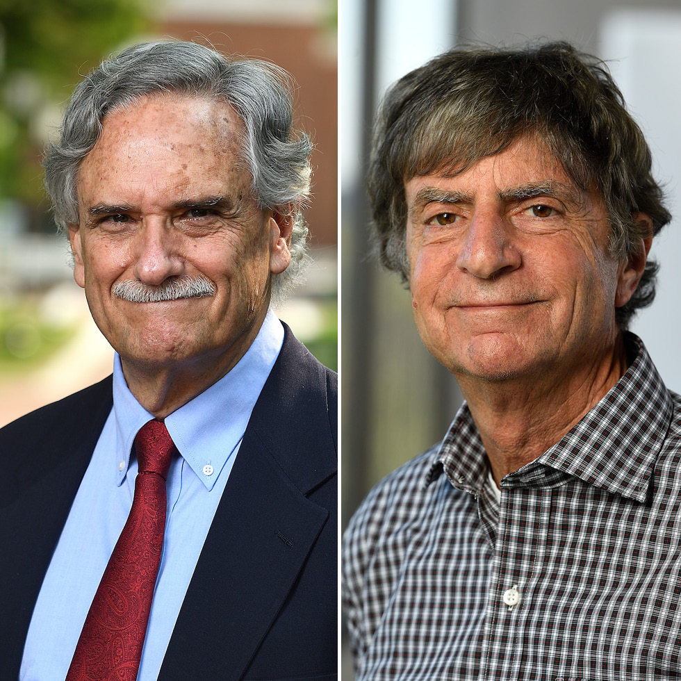 Split image featuring portraits. On the left, Robert Slavin wearing a suit with a red tie, and on the right, Steven Ross in a checkered shirt.