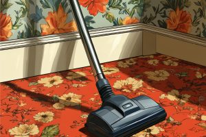 A vacuum on floral carpet.