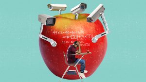 Abstract illustration of an apple and security cameras.