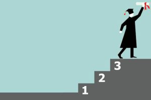 Illustration of a graduate walking up a set of stairs.