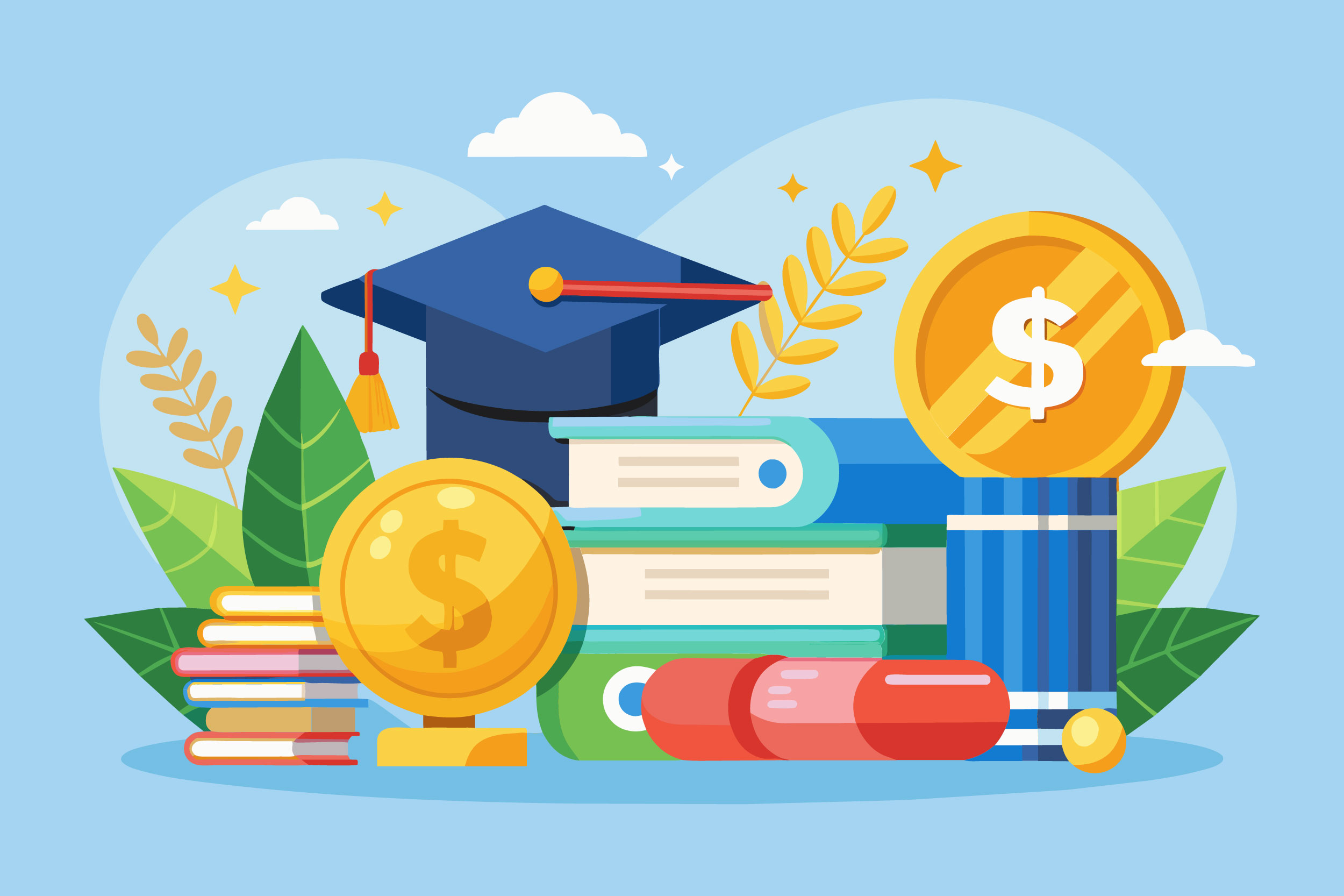 Illustration of a graduation cap on a stack of books, with coins marked with dollar signs, symbolizing investment in education.