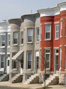 Rowhomes in Baltimore, Maryland.