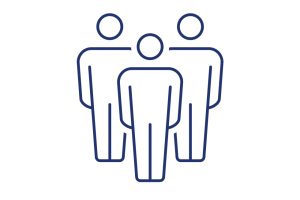 Simple line drawing of three human figures standing together, with one figure in front and two behind, on a white background.