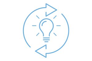 Blue line art of a light bulb surrounded by a circular arrow, symbolizing innovation, ideas, or continuous improvement.