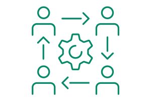 Diagram of four stick figures connected by arrows around a central gear. Arrows indicate movement and interaction between figures, suggesting teamwork or developing solutions.
