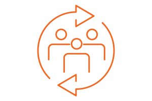 Three stick figures inside an orange circle, with two arrows forming the circle. Represents collaboration or teamwork.