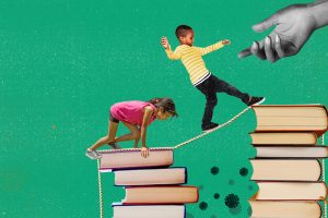 Abstract illustration of children walking on rope and piles of books.