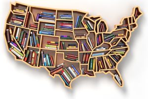 Map of United States used as a bookshelf.