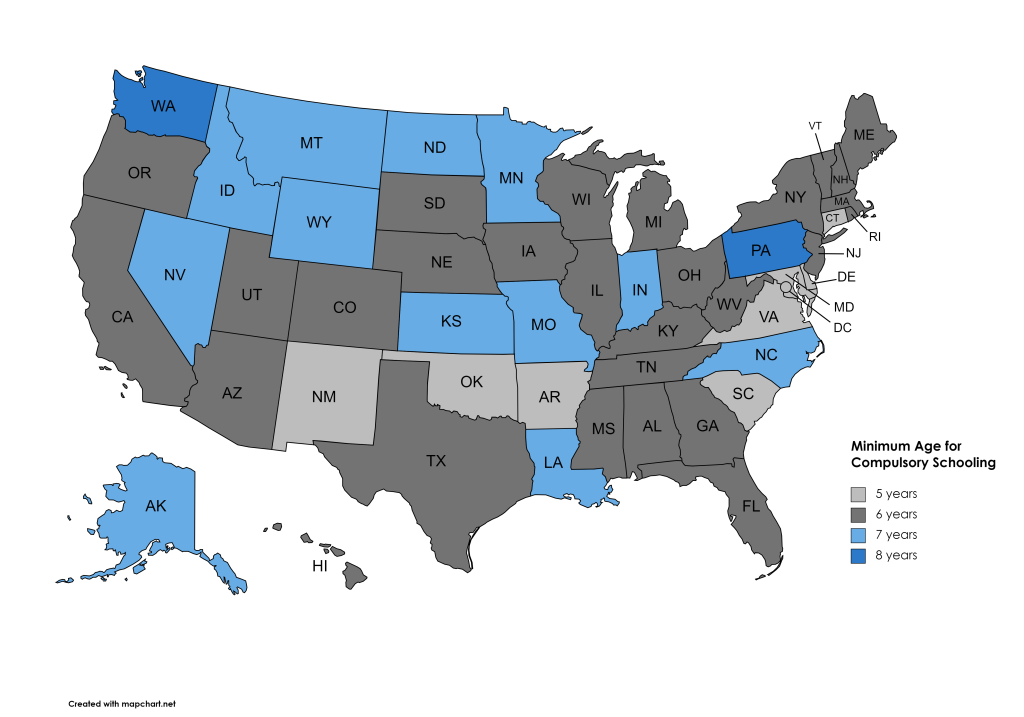 Map of United States showing minimum age for compulsory schooling in each state (5, 6, or 7 years old).