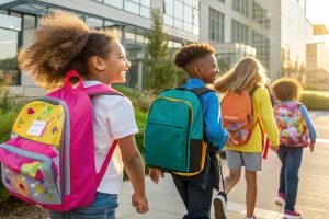 A group of school-age children walking with backpacks on