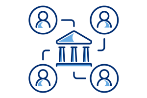 A graphic icon with four people connecting to a government-looking building
