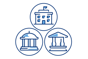 An icon graphic with three circles that show school and government buildings