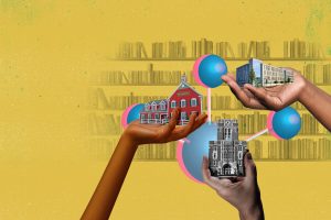 A picture of three hands holding different types of buildings with bookcases in the background