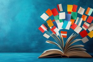 An open book with colorful flags emerging from the pages, symbolizing international language learning.