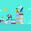 Abstract illustration of people climbing books as if they are stairs.