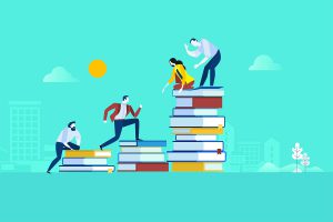 Abstract illustration of people climbing books as if they are stairs.