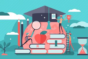 Abstract illustration of a person wearing a graduation cap climbing books.