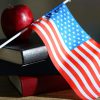 A miniature American Flag lying over books.