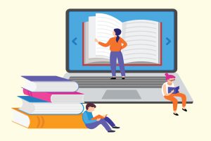 Abstract illustration of people, books, and a laptop.