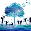 Abstract illustration of people around a tree.