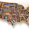 Books in a wooden bookshelf that is the shape of the United States.