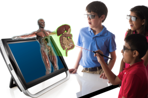 Children looking amazed at a 3D image of the human body.