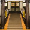 A staircase inside the Johns Hopkins School of Education building decorated with balloons.