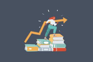 Abstract illustration of a person climbing books as if they are stairs.