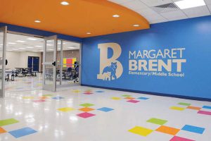 A hallway with "Margaret Brent Elementary/Middle School" painted on the wall.