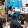 An adult reading a book to young children.