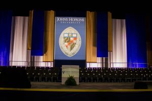 The empty stage for the Johns Hopkins School of Education graduation ceremony.
