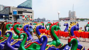 Dragon pedal boats in the Inner Harbor area of Baltimore.