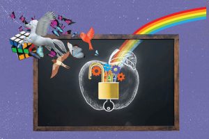 Abstract illustration of chalkboard, an apple, and a rainbow.