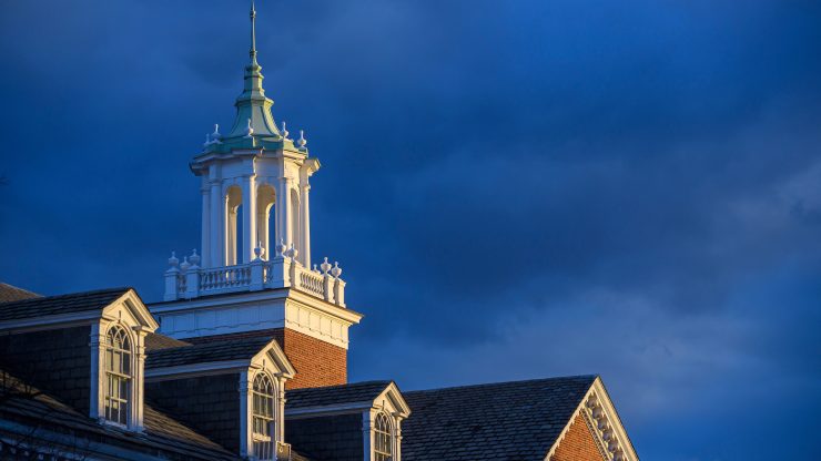The top of a building on the Johns Hopkins University Homewood campus.