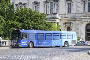 Johns Hopkins university shuttle bus in the center of Baltimore