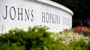 The Johns Hopkins University sign on the Homewood campus.