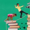Abstract illustration of children walking on rope and piles of books.