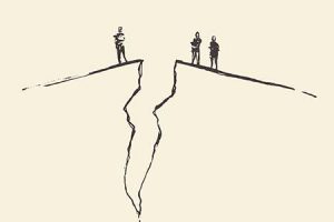 Abstract illustration of a crack in a mountain that separates people.