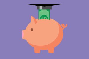 Abstract illustration of a piggy bank and a graduation cap.