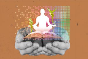 Abstract illustration of two hands holding a book and a person meditating.