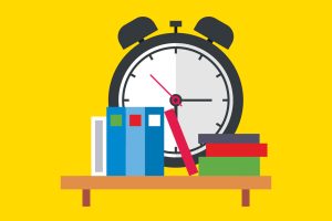Abstract illustration of clock and books.