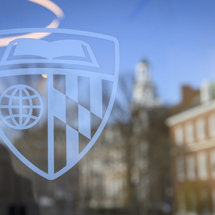 The Johns Hopkins shield on the Johns Hopkins University Homewood campus.