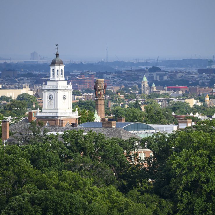 An aerial shot of the Johns Hopkins University Homewood campus.