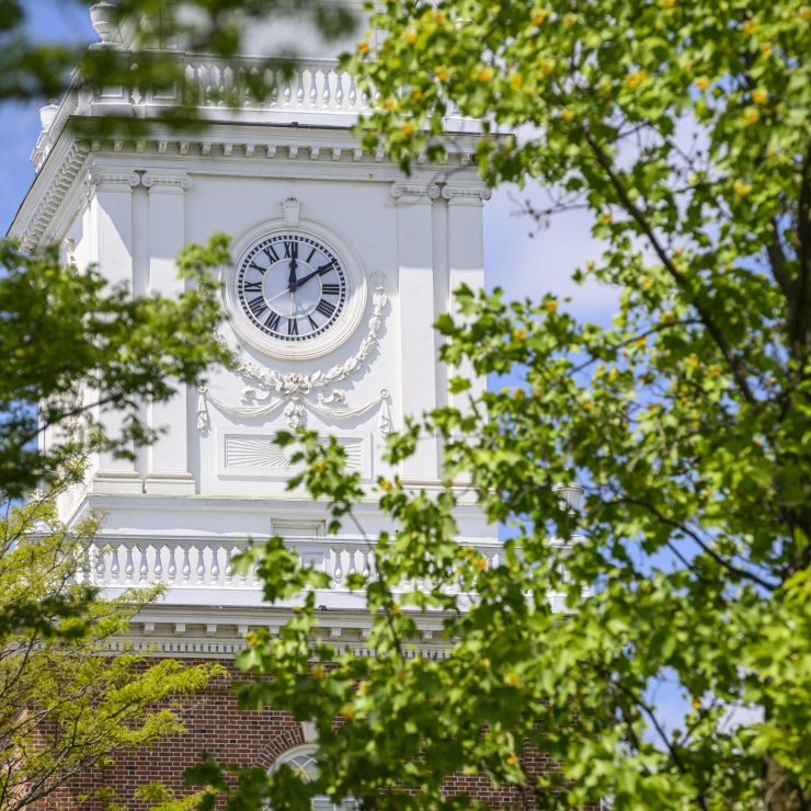 A clock tower on the Johns Hopkins University Homewood campus.