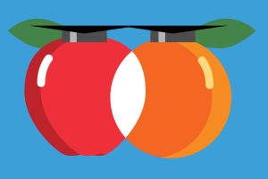 Abstract illustration of two apples and graduation caps.