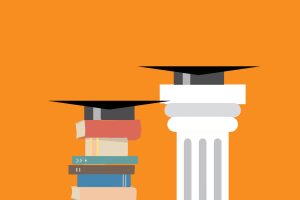 Abstract illustration of books, a pillar, and graduation caps.