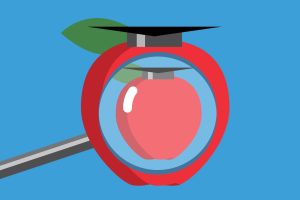 Abstract illustration of a magnifying glass and an apple.