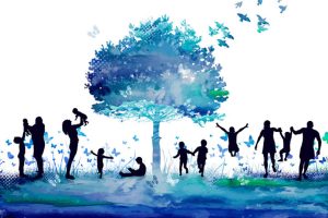 Abstract illustration of people celebrating around a tree.