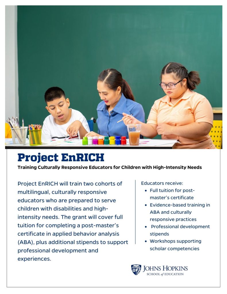 A flyer with an image of two children painting at a table with a teacher. The text below promotes Project EnRICH, a grant-funded program to train culturally responsive educators who are prepared to serve children with disabilities and high-intensity needs.