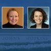 Headshots of two researchers, Laura Hopson (L) and Linda Regan (R). The background is an opaque version of the Hopkins logo.